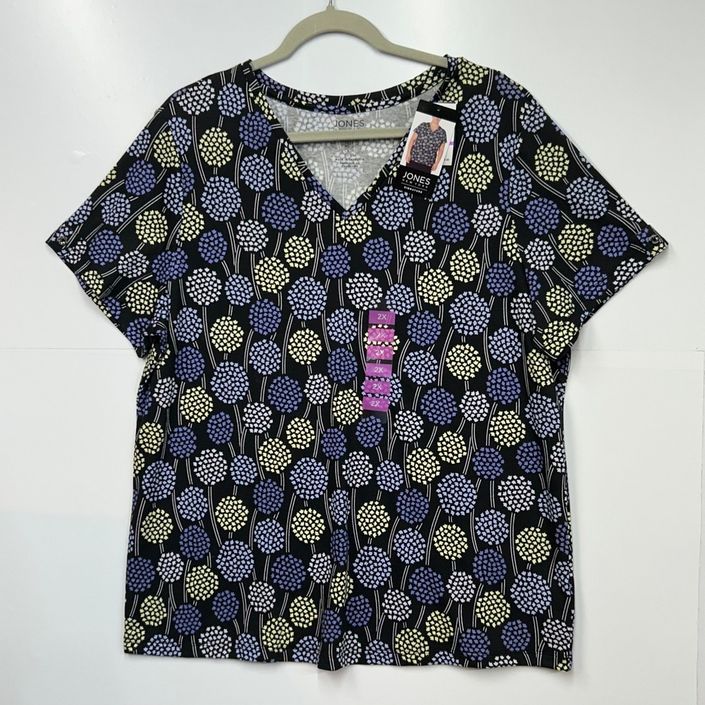 Jones New York Signature Womens 2X V-Neck Floral Top Rainshadow Multi Cotton NEW